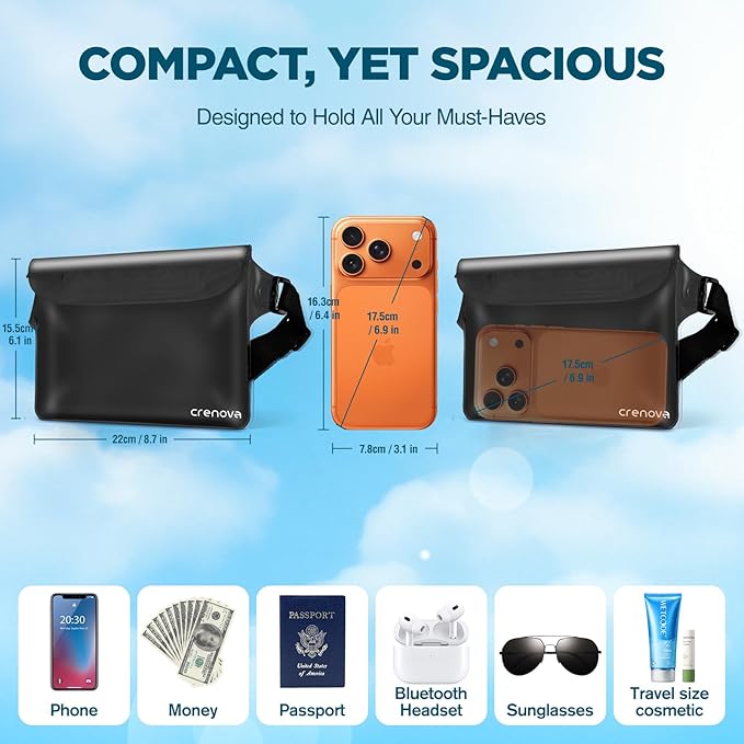 Waterproof Bag for Beach, Waterproof Pouch for Phone Passport Purse, Fanny Packs for Women, Floating Dry Bags for Cruise Ship Travel Water Park Surfing Boating Fishing Black 2 Pack