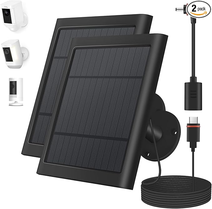 Paodekua 2 Pack 4W Solar Charger for Ring Spotlight & Stick Up Outdoor Cam, Black, High Efficiency, 10FT/3M Long Cable with USB-C to Ring Barrel Plug