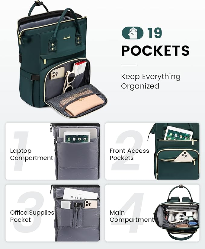 LOVEVOOK College Laptop Backpack, 15.6 Inch Travel Backpack for College, Waterproof Work Backpack Woman for Teacher Nurse Anti-theft Travel Back Pack, Gifts for Women,Dark Green