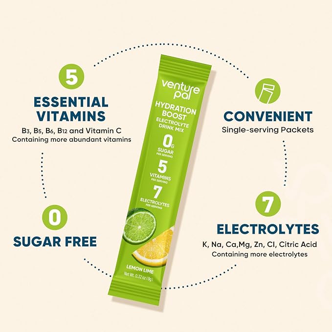 Venture Pal Sugar Free Electrolyte Powder Packets - Liquid Daily IV Hydration Packets for Rapid Rehydration | 7 Electrolytes & 5 Vitamins | Keto Friendly | Non-GMO | Vegan | Fast Dissolve | 16 Sticks