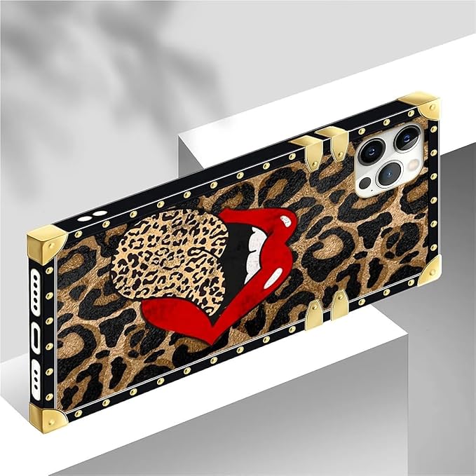 Compatible with iPhone 12 12 Pro Case, Brown Leopard Print Mouth Luxury Golden Decoration for Girl Women Soft TPU Shockproof Protective Hard PC Back for iPhone 12 12 Pro