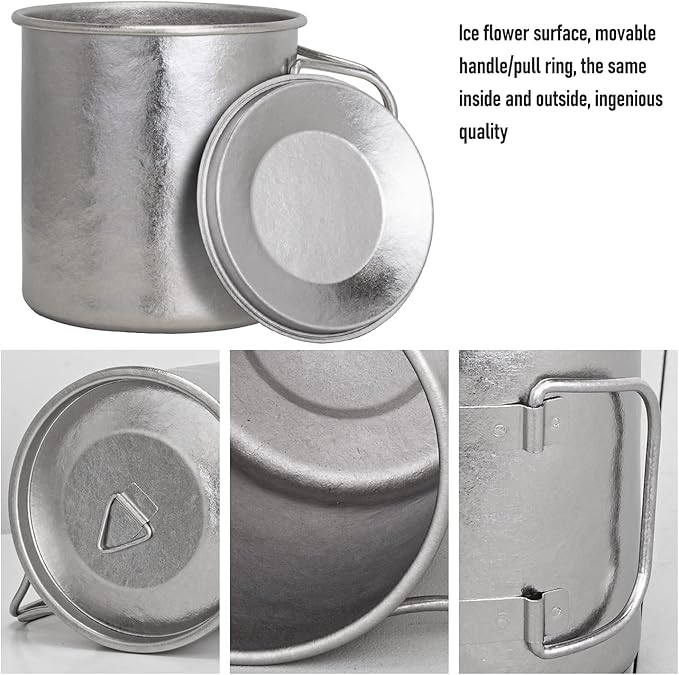 TiTo Titanium Cup Titanium Pot with Lid Ultralight Portable 450ml Foldable Handle Camping Tea Coffee Water Mug for Outdoor Backpacking Hiking Picnic Drinkware with Mesh Sack (Gold)