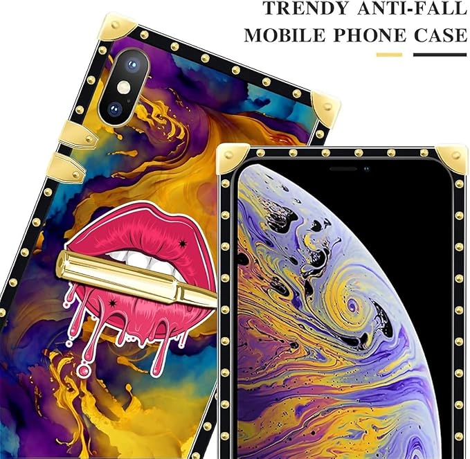 Compatible with iPhone XR Case, Cool Corlorful Lip Marble Luxury Golden Decoration for Girl Women Soft TPU Shockproof Protective Hard PC Back for iPhone XR