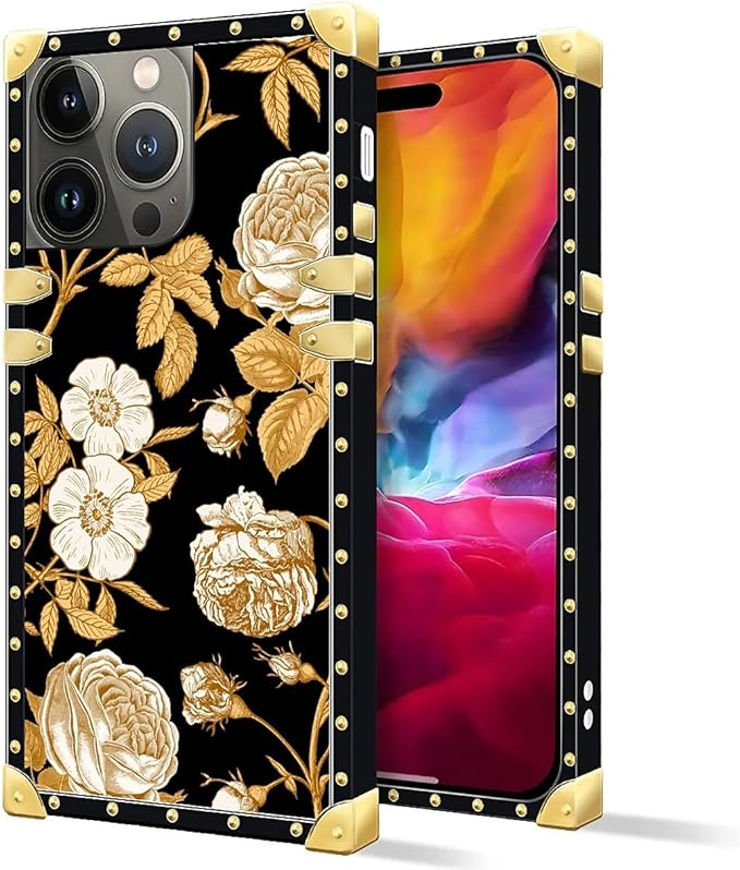 Compatible with iPhone 15 Pro Max Case, Blooming Rose Golden Flower Luxury Golden Decoration for Girl Women Soft TPU Shockproof Protective Hard PC Back for iPhone 15 Pro Max