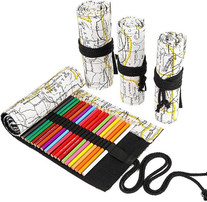 Funny live 24/36/48/72 Slots Colored Pencil Wrap Roll up Pen Holder Case Drawing Coloring Pencil Roll Organizer Stationery Case for Student Artist Traveler (Map, 48 Slots)