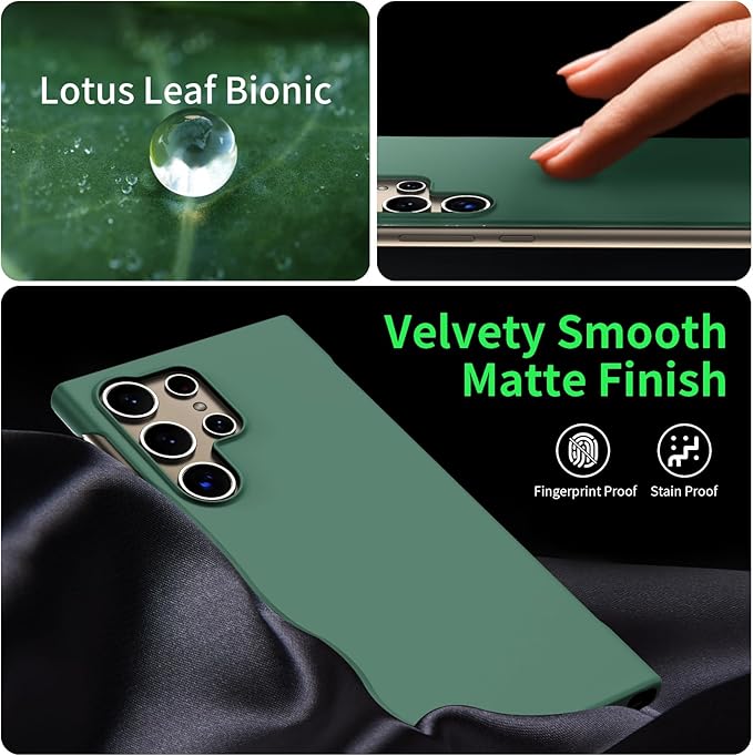GRECAZO Slim Borderless for Samsung Galaxy S24 Ultra Phone Case 6.8"(2024) Ultra-Thin Lightweight Frameless Matte Hard PC Cover Case with Pull Ring Minimalist Non Slip Rope-Dark Green