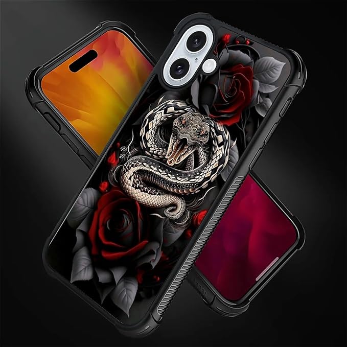 for iPhone 16 Case, Entwined Rose Snake Pattern Graphic Design Girl Boy Soft Silicone Hard Acrylic Shock Protection for iPhone 16