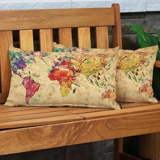EKOBLA Watercolor World Map Lumber Pillow Cases Vintage Global Graphic Home Decorative Waist Lumber Cotton Linen Pillowcases Oblong Rectangle Case