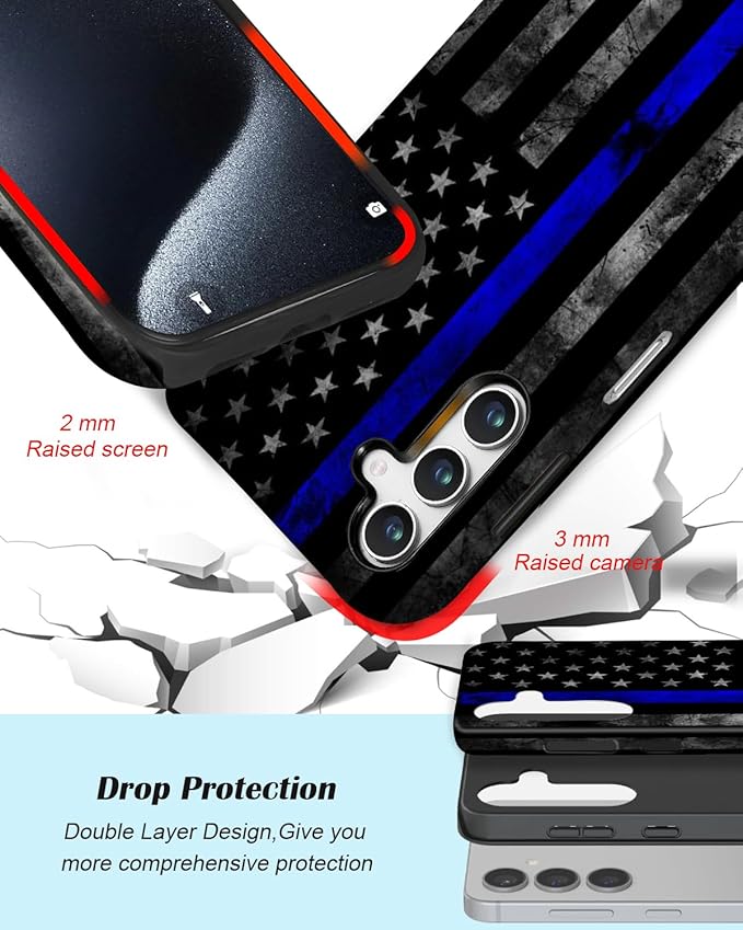 Compatible for Samsung Galaxy S25 FE 5G Case, Dual Layer Heavy Duty 2 in 1 Shockproof Protective Phone Case,Blue Line American Police Flag