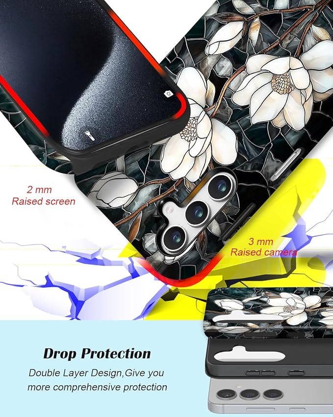 Compatible for Samsung Galaxy A36 5G Case, Dual Layer Heavy Duty 2 in 1 Shockproof Protective Phone Case,Stained Glass White Magnolia
