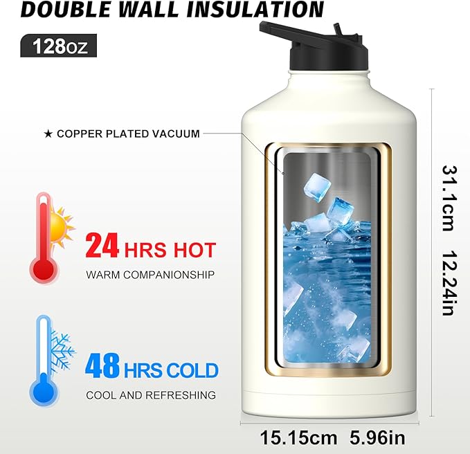 1 Gallon Water Bottle Insulated(Cold for 48 Hrs),BPA Free&Leak Proof,128oz Stainless Steel Water Jug,Large Water Bottle with Straw Spout Lids for Gym,Hiking,Camping&Travel,White
