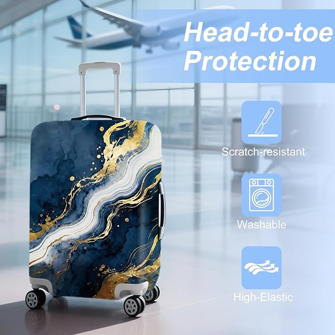 ANNA QUEEN Blue Abstract Marble Travel Luggage Cover -Stretchable Airplane Suitcase Protector Sleeve,Universal Washable Fit for 20-26 Inch Checked Baggage,Water Resistant Durable Luggage Protector