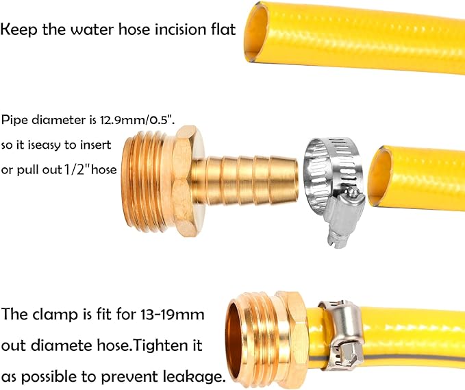 Brass Garden Hose Connector Repair Mender Kit with Stainless Clamp,Fits 1/2" Water Hose Fitting,4 Sets(1/2" Barb x 3/4" GHT)