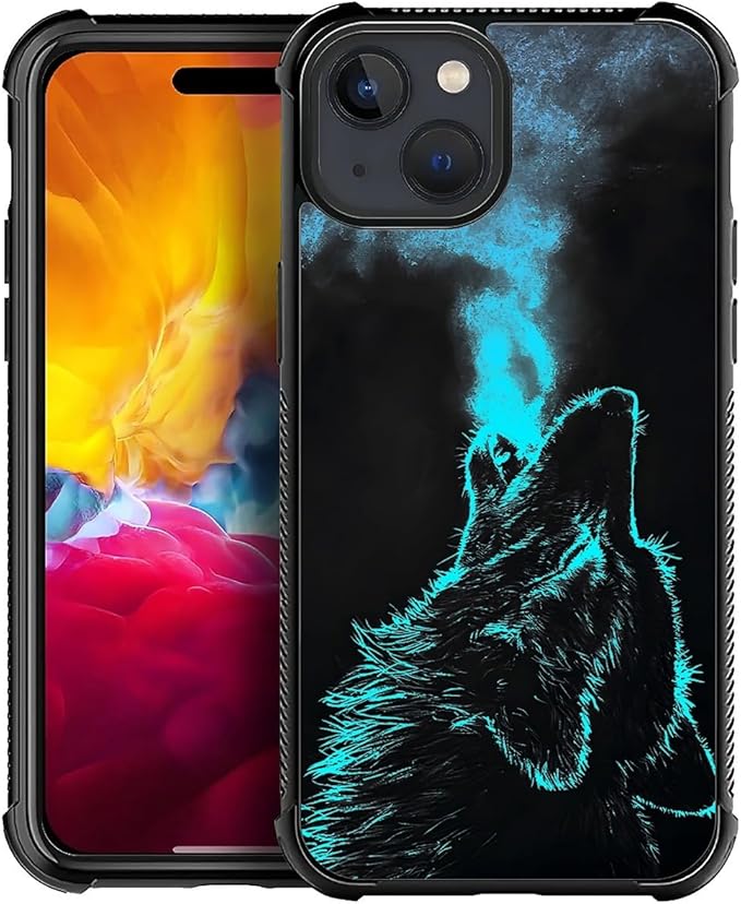 for iPhone 15 Plus Case, Blue Breathing Wolf Pattern Graphic Design Girl Boy Soft Silicone Hard Acrylic Shock Protection for iPhone 15 Plus