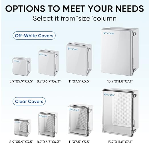 TICONN Outdoor Electrical Box Waterproof, Junction Box IP67 ABS Plastic Enclosure with Hinged Cover with Mounting Plate, Wall Brackets, Cable Glands (Off-White, 8.7"x6.7"x4.3")