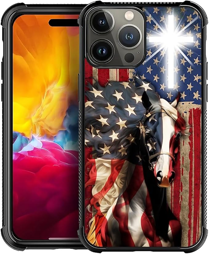 for iPhone 15 Pro Case, Red American Flag Horse Cross Pattern Graphic Design Girl Boy Soft Silicone Hard Acrylic Shock Protection for iPhone 15 Pro