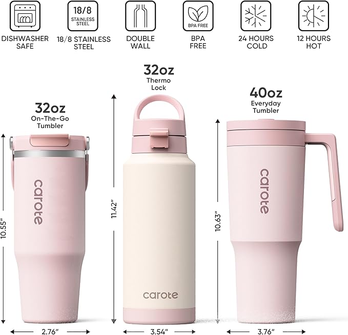 CAROTE 3-Pack Insulated Stainless Steel Water Bottles, Cup Holder Compatible for Travel, Upgraded Leak Proof, 32/32/40 oz Built-In Straw Tumblers Set for Daily Use/Outdoor (Peach)