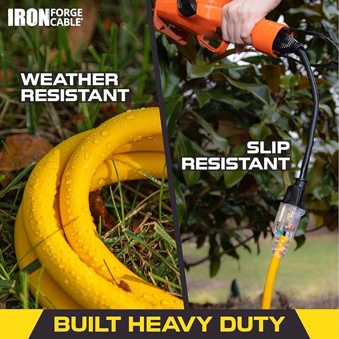 Iron Forge Cable Outdoor Extension Cord 25 Ft - 10 Gauge Heavy Duty Extension Cord, 15 AMP, 10/3 Yellow Power Cable SJTW Weatherproof with 3 Prong