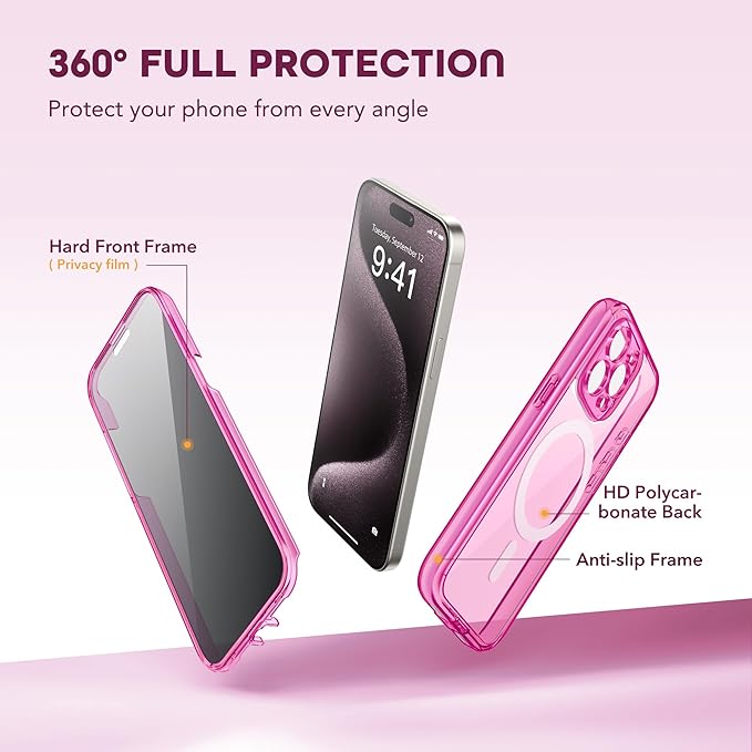 TIESZEN for iPhone 15 Pro Max Case, Compatible with MagSafe,Built-in Privacy Screen Protector and Camera Protection, Anti Spy Full Body Dustproof Shockproof Hard Phone Case 6.7",Bright Pink