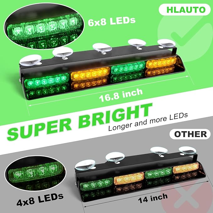 HLauto 6Z4J Emergency Dash Strobe Lights: 2x16.8 inch Green Amber Safety Lights, 48 LED Flashing Warning Hazard Interior Windshield Visor Traffic Light Bar for Trucks, Construction Vehicles