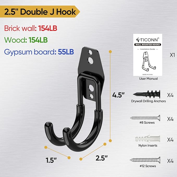 TICONN 2 Pack Heavy Duty Garage Hooks, Steel Utility Wall Storage Hooks, Wall Mount Hanger Organizer for Ladders, Bikes, Tools, Bulky Items (Small, Black Circular)