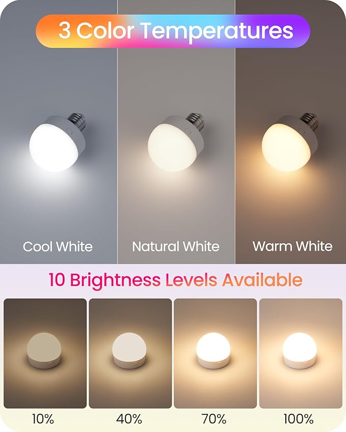 Rechargeable Light Bulbs with Remote Control, Battery Operated Light Bulbs, 3 Timer 15 Colors Selectable, Dimmable Wireless RGB LED Bulb for Wall Sconce, Non-Hardwired, 2 Pack, R01YBP206