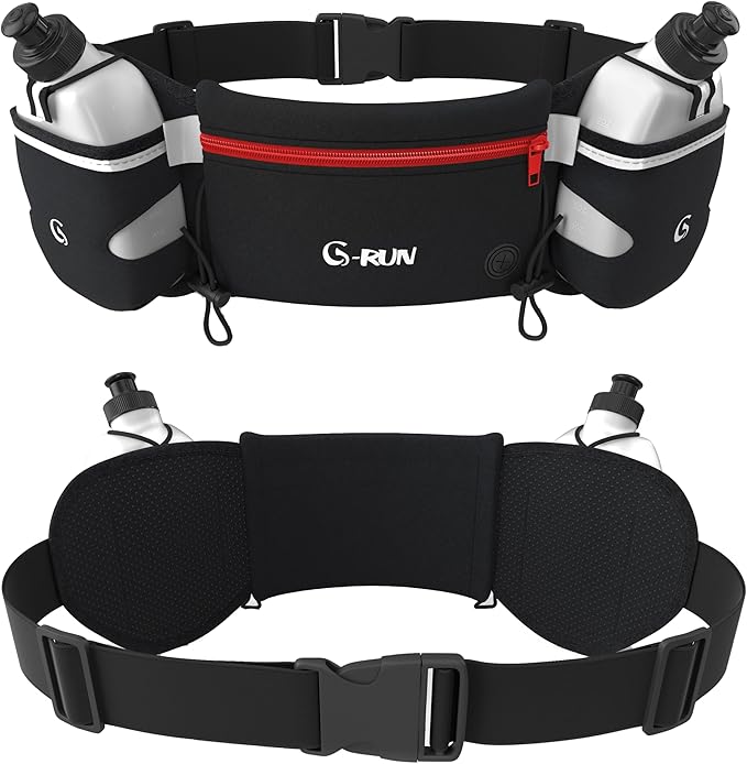 Q-RUN Hydration Running Belt with 2 x 10oz Water Bottles, No Bounce Adjustable Waist Belt for Men & Women, Marathon Running Gear