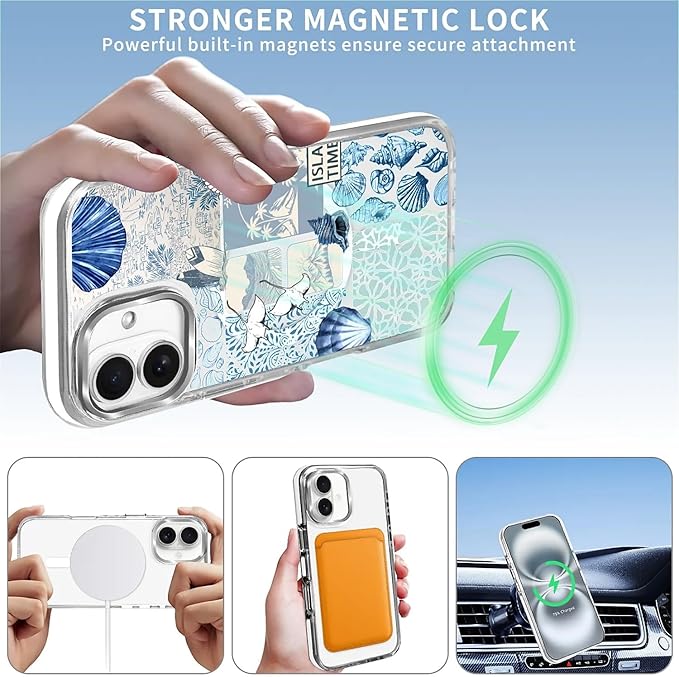 Case for iPhone 16,[Compatible with MagSafe],Sea Life Ocean Waves Seashell Collage Phone Case Design，for Women Girls Magnetic Clear Cover - Slim, Sleek, & Shockproof Protection
