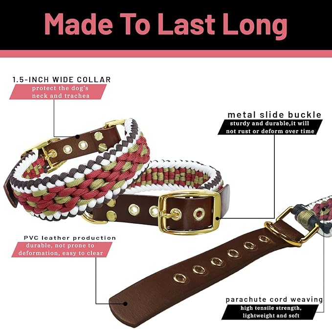 Rustic Autumn Weave Braided Paracord Wide Dog Collar, Adjustable Collar for Medium Large Dogs, Stylish Pet Gear for Boys Girls Dog, L