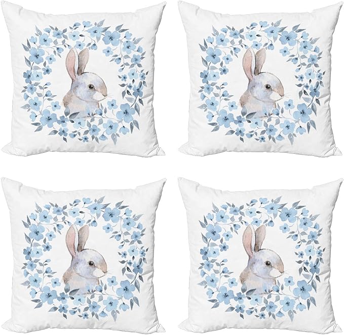Ambesonne Watercolor Flower Decorative Throw Pillow Case Pack of 4, Bunny Rabbit Portrait in Floral Wreath Illustration Country Style, Cushion Cover for Couch Living Room Car, 20", Blue White