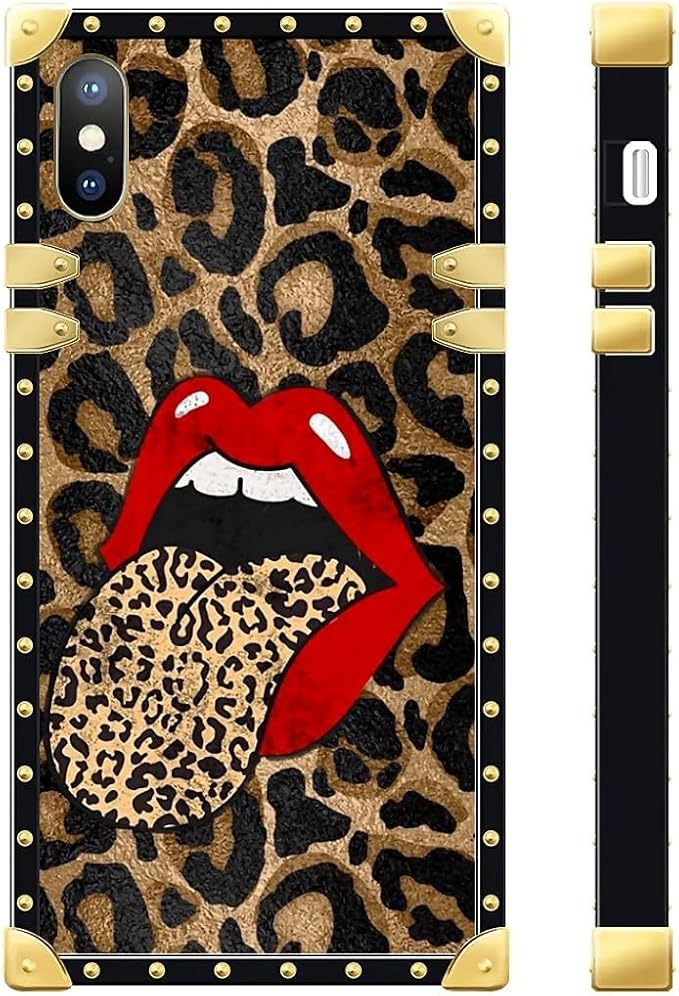 Compatible with iPhone XR Case, Brown Leopard Print Mouth Luxury Golden Decoration for Girl Women Soft TPU Shockproof Protective Hard PC Back for iPhone XR