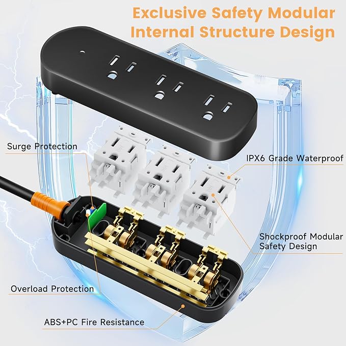 Outdoor Surge Protector Waterproof Power Strip Weatherproof 10 FT Extension Cord Power Strip, 3 AC Outlets, 1625W Overload Protection, for Camping, Home, Office, Garden, FCC UL Listed