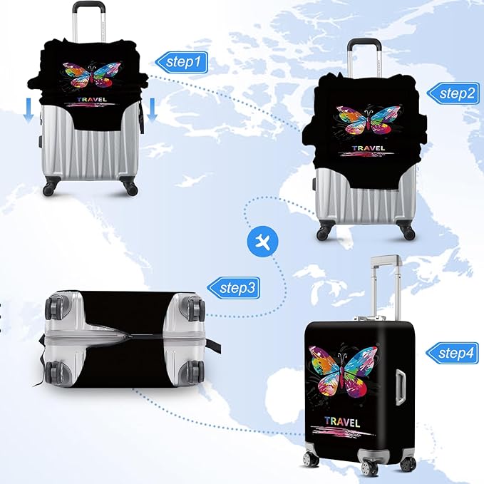 ANNA QUEEN Colorful Butterfly Travel Luggage Cover -Stretchable Airplane Suitcase Protector Sleeve,Universal Washable Fit for 20-26 Inch Checked Baggage,Water Resistant Durable Luggage Protector