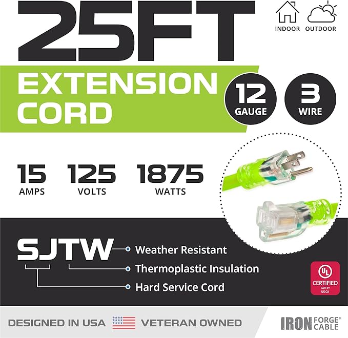 Iron Forge Cable Weatherproof 25 Ft Outdoor Extension Cord Neon Green - 12/3 SJTW 15 Amp Heavy Duty Light Green High Visibility Cable with 3 Prong - Lighted End