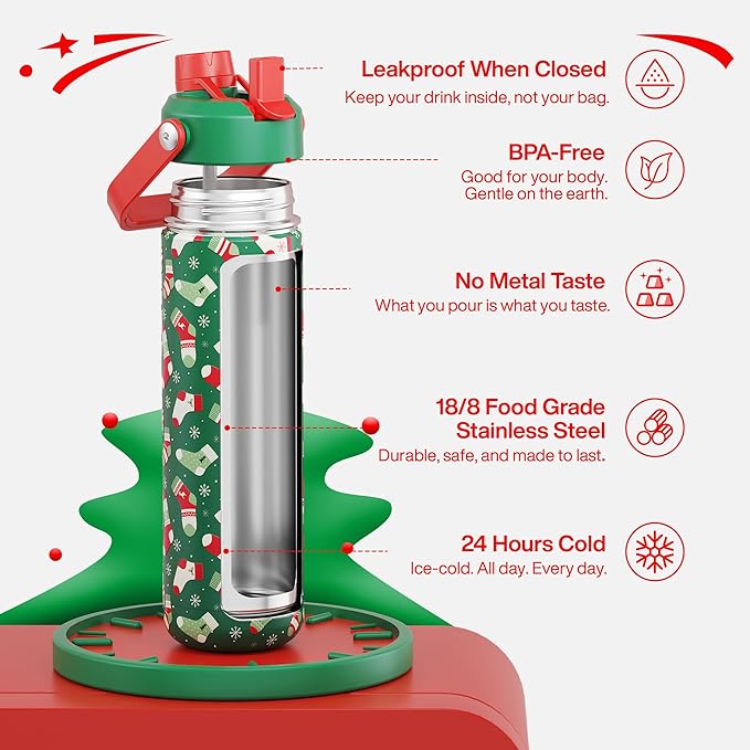 ENCOOL Christmas Insulated Water Bottle with Straw, Stainless Steel Water Bottle, Leak Proof BPA-Free, Keeps Cold for 24 Hours for Sports, Christmas Holiday Gifts for Women, 26 oz, Jolly Sock