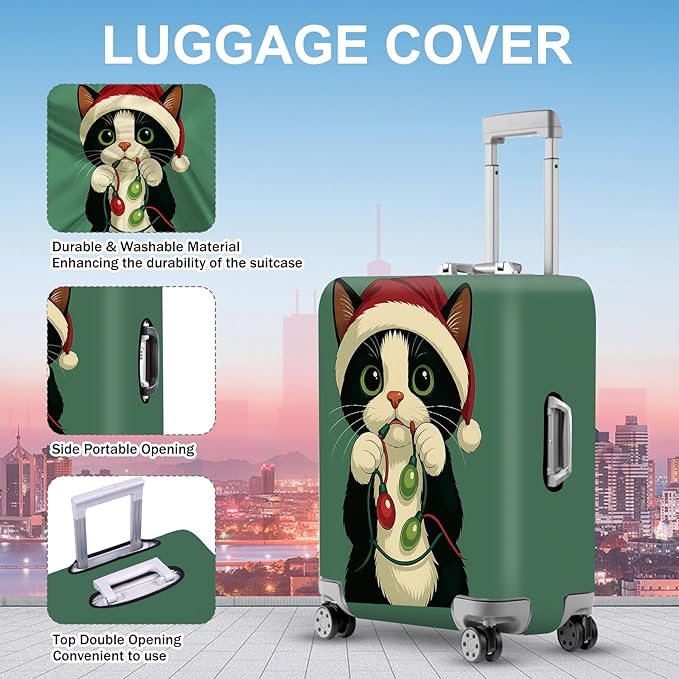 ANNA QUEEN Christmas Cat Luggage Cover, Cute Santa Cat with Light String Suitcase Protector, Stretchable Washable Travel Sleeve for 28-30 Inch Luggage
