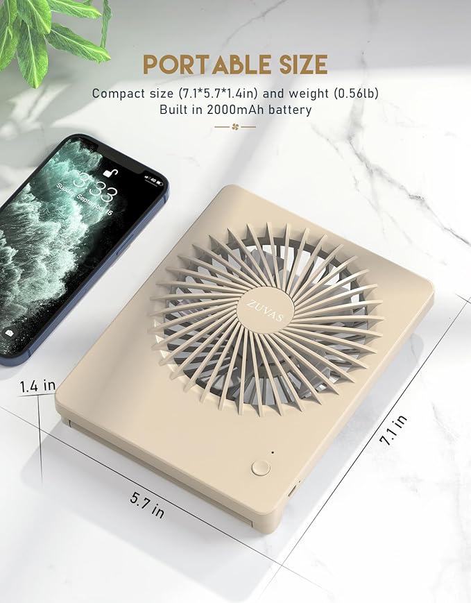 Zuvas Desk Fan Battery Operated Fan Rechargeable 180°Tilt Folding Personal Fan Ultra Quiet Small Portable 3 Speed Adjustable Strong Wind Fan For Office Bedroom Home Desktop Camping (Beige)