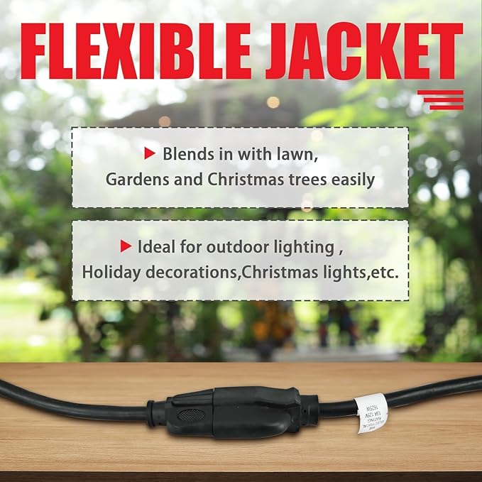EP 15FT Black Outdoor Extension Cord, 16/3 SJTW Heavy Duty Waterproof, 3 Prong Grounded Plug, 13A 1625W 16AWG, Cold-Resistant Flexible Power Cable for Garden, Home, Christmas Lights