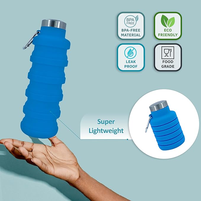 Collapsible Water Bottles 12oz, Odorless BPA-Free Silicone, Leak-Proof Foldable Reusable Bottle - Perfect for Travel Sports Gym Hiking Camping Cycling - Light Blue