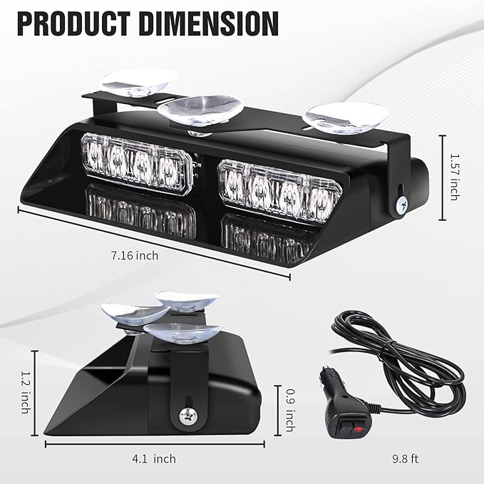 XRIDONSEN 2 in 1 Blue White Emergency Dash Strobe Lights Interior Front/Rear Windshield Lights Warning Safety Flashing Volunteer Firefighter Police Lights for Vehicles, Trucks (2x7.16 inch, 16 LED)