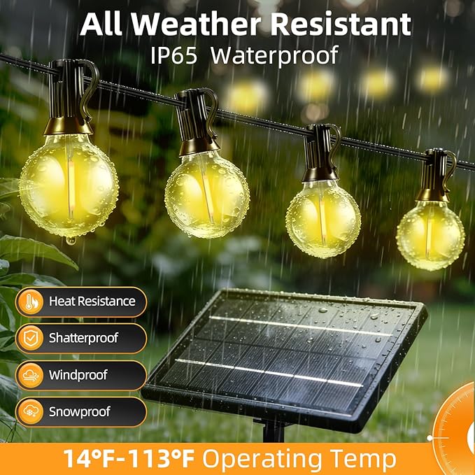 150FT Solar Lights Outdoor Waterproof: G40 45M Shatterproof Bulbs Patio Lights - Solar Powered Remote Control 3 Light Modes Dimmable Solar Light - Camping Backyard Garden Deck Outside Yard