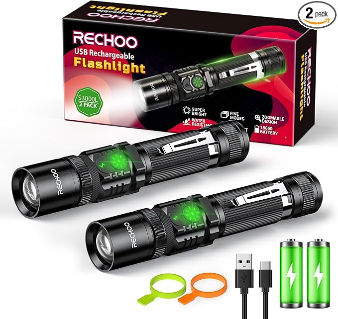 RECHOO Flashlights USB Rechargeable 2 Pack Double Switch S3000L LED Tactical Flashlight High Lumens Super Bright 5 Modes Zoomable Waterproof Flashlight for Camping, Emergency
