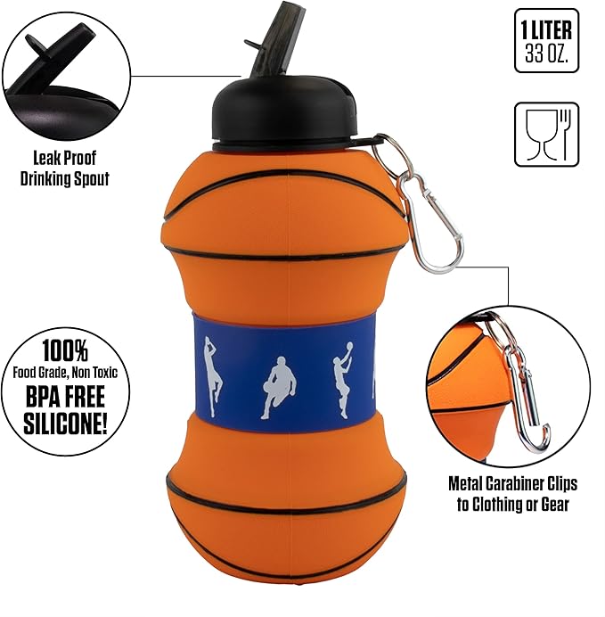 Maccabi Art Clip-On Collapsible 1 Liter, 34 oz. size BPA-Free Silicone Basketball Large Water Bottle for Kids