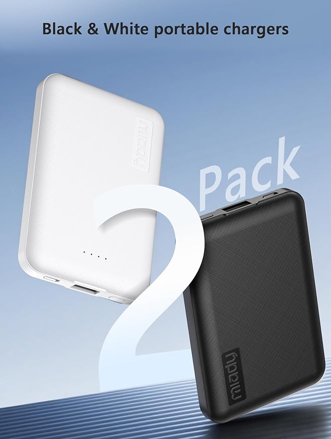 Miady 2-Pack 5000mAh Mini Portable Charger, 5V 2.4A USB-C Output Fast Charging Power Bank for Travel Small Battery Pack Compatible with iPhone 17/16/15 Galaxy S24/S22 Android etc (Deep Black+Black)
