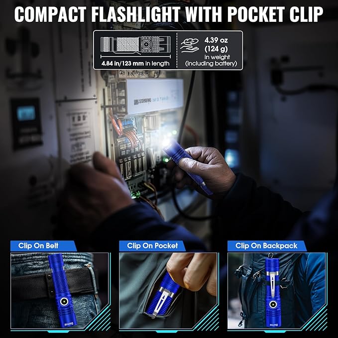 Banral Rechargeable Tactical Flashlights, High Lumens Small Mini USB-C LED Flashlight, Compact EDC Flash Light, 4 Modes&Memory Function, Waterproof Pocket Lights for Home,Camping,Emergency (2, Blue)