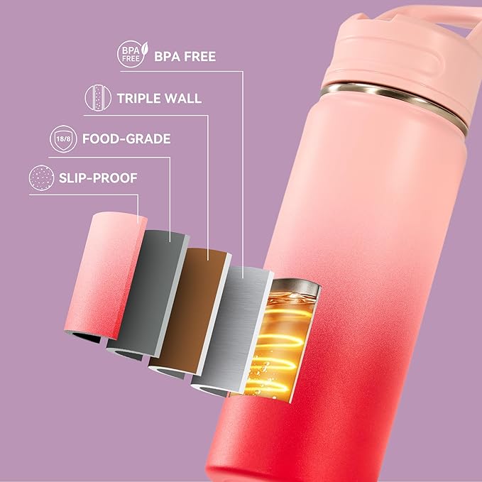 Fijinhom 18oz Insulated Stainless Steel Water Bottle with Straws, Double Wall Vacuum Insulated Bottles, Metal Thermo for Travel, Sports, Leak-Proof, BPA Free, Women & Men, Pink Gradient
