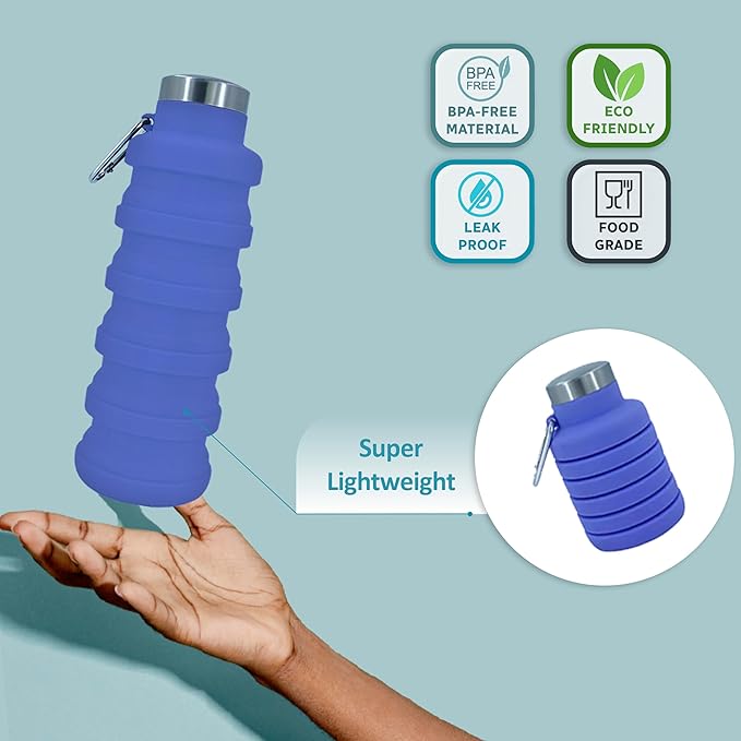 Collapsible Water Bottles 17oz, Odorless BPA-Free Silicone, Leak-Proof Foldable Reusable Bottle - Perfect for Travel Sports Gym Hiking Camping Cycling - Purple