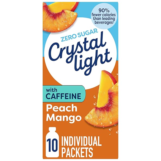Crystal Light On The Go Peach Mango With Caffeine Drink Mix, 10-Packet Box, 0.7 OZ (Pack of 2)