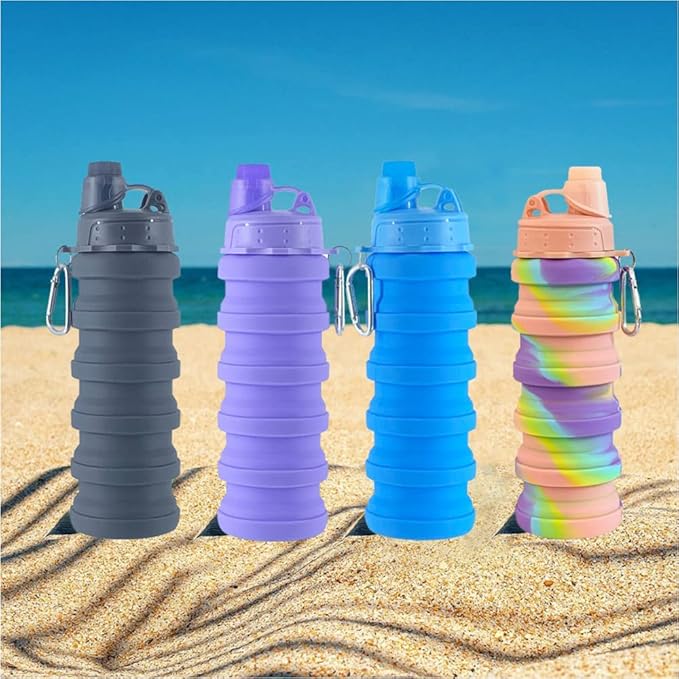 Collapsible Water Bottles 4 pack Travel Water Bottle Portable Hiking Water Bottle with Leak proof Twist Cap 500ML Reusable BPA Free Silicone Water Bottles. (Black+Purple+Blue+Pink)