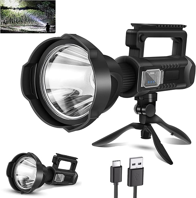 Rechargeable Spotlight, 2,000,000L High Lumens Led Spot Lights Outdoor Handheld Super Bright Long Range Powerful Flashlight with 4 Modes, Tripod, USB C, IPX5 Waterproof for Fishing Boating Camping
